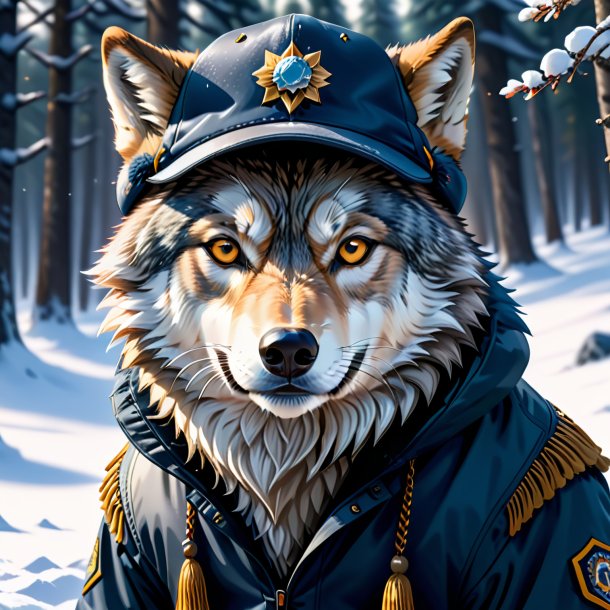 Illustration of a wolf in a cap in the snow