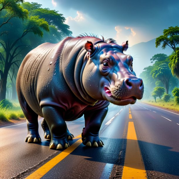 Imagem de um choro de um hipopótamo na estrada