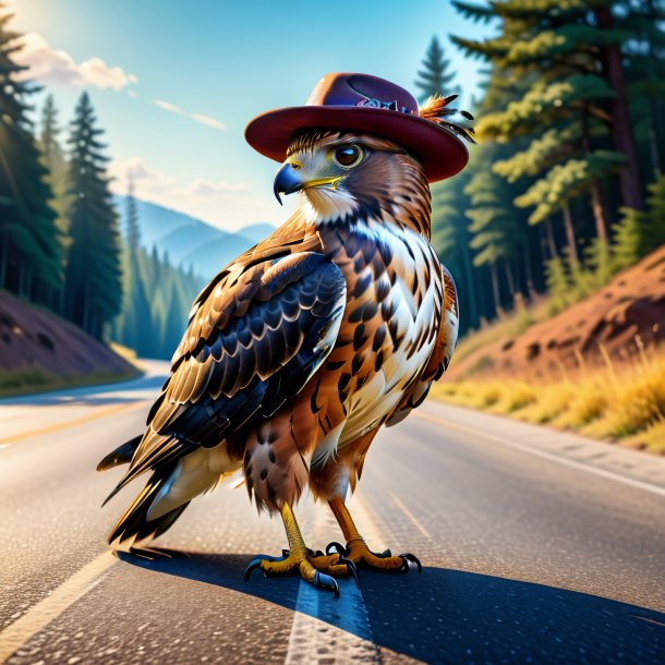 Dibujo de un halcón en un sombrero en el camino