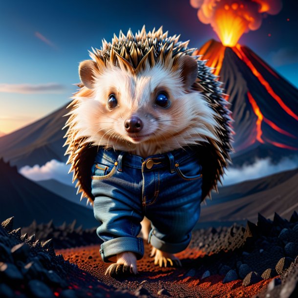 Image of a hedgehog in a jeans in the volcano