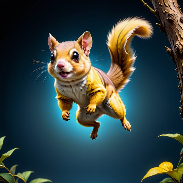 Photo of a flying squirrel in a yellow jeans