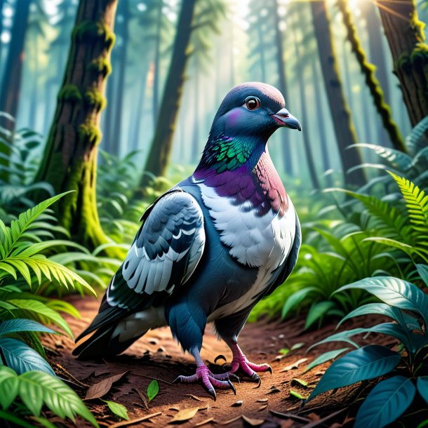 Picture of a pigeon in a jeans in the forest
