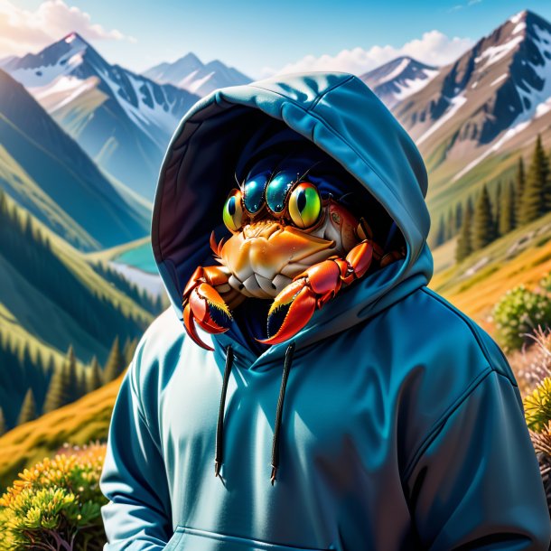 Photo of a crab in a hoodie in the mountains
