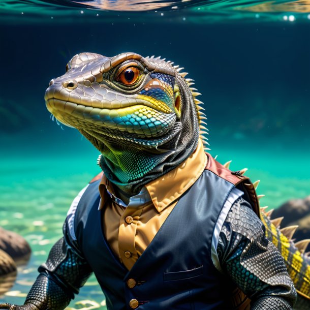 Picture of a monitor lizard in a vest in the water