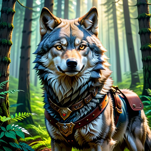Picture of a wolf in a belt in the forest