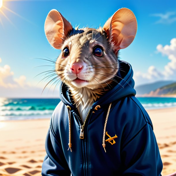 Foto de una rata en una sudadera con capucha en la playa