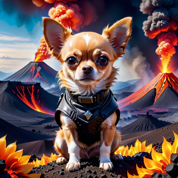 Photo of a chihuahua in a gloves in the volcano