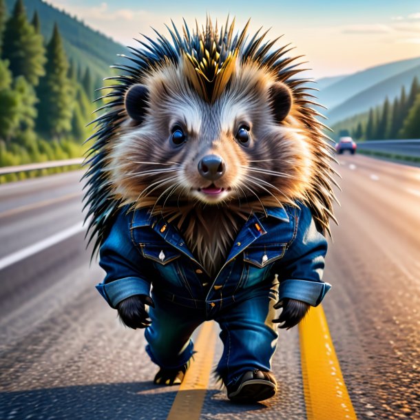 Image of a porcupine in a jeans on the highway