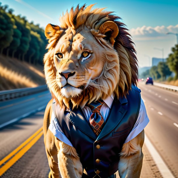 Foto de um leão em um colete na estrada