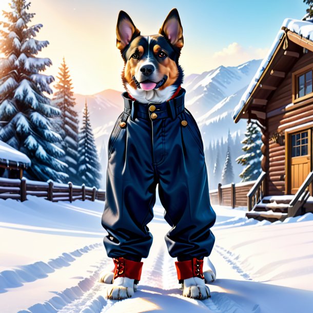 Desenho de um cão em uma calça na neve