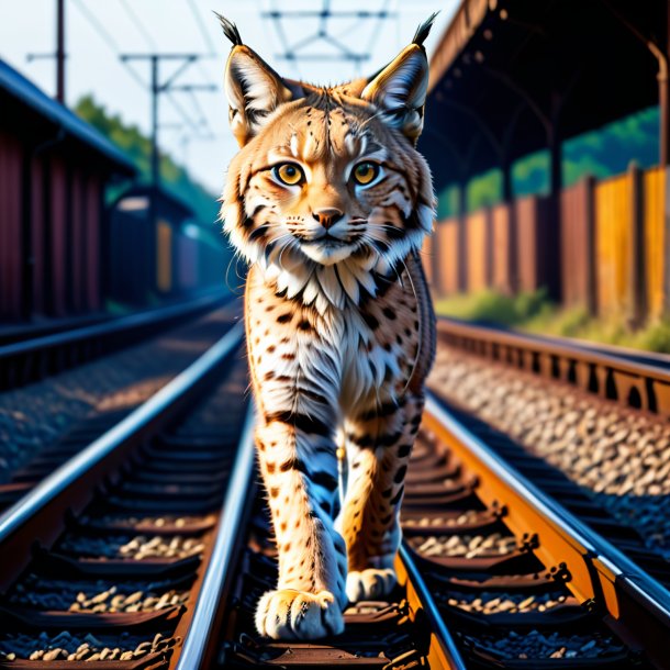 Image of a lynx in a trousers on the railway tracks
