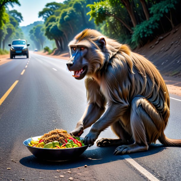 Imagem de um comer de um babuíno na estrada
