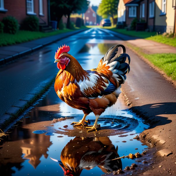 Image of a smoking of a hen in the puddle