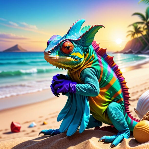 Illustration of a chameleon in a gloves on the beach