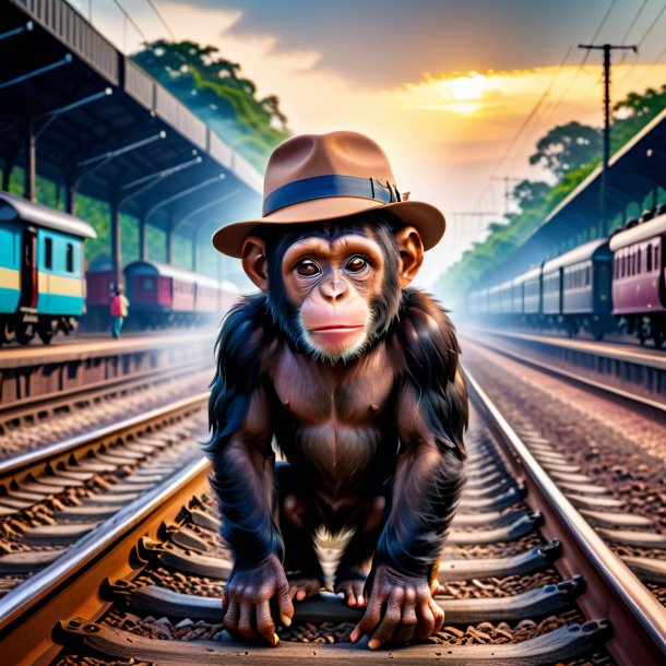 Foto de um chimpanzé em um chapéu nos trilhos ferroviários