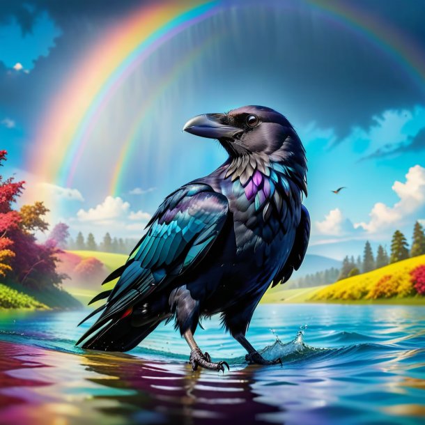 Photo d'une baignade d'un corbeau sur l'arc-en-ciel