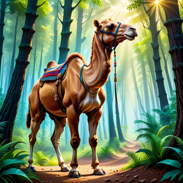 Illustration of a camel in a trousers in the forest