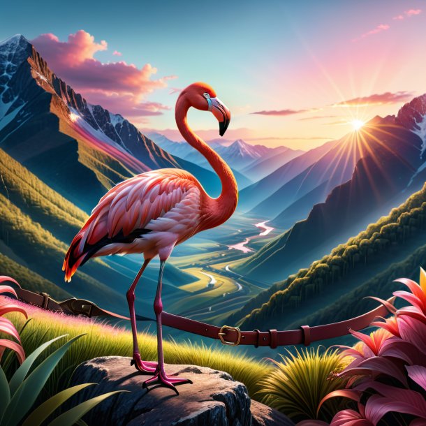 Illustration of a flamingo in a belt in the mountains