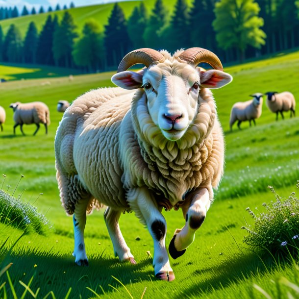 Фотография игры с овцой на лугу