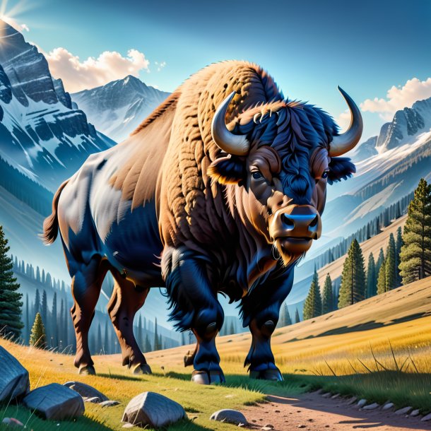 Picture of a buffalo in a jeans in the mountains