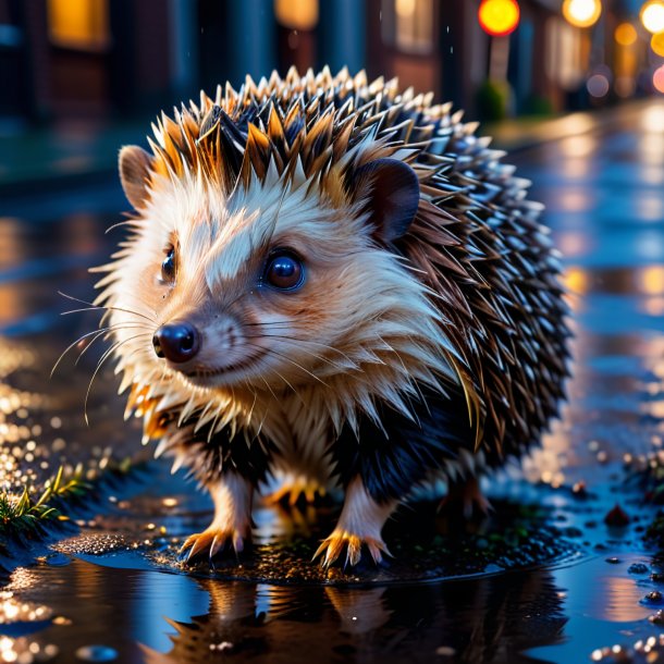 Photo of a hedgehog in a coat in the puddle