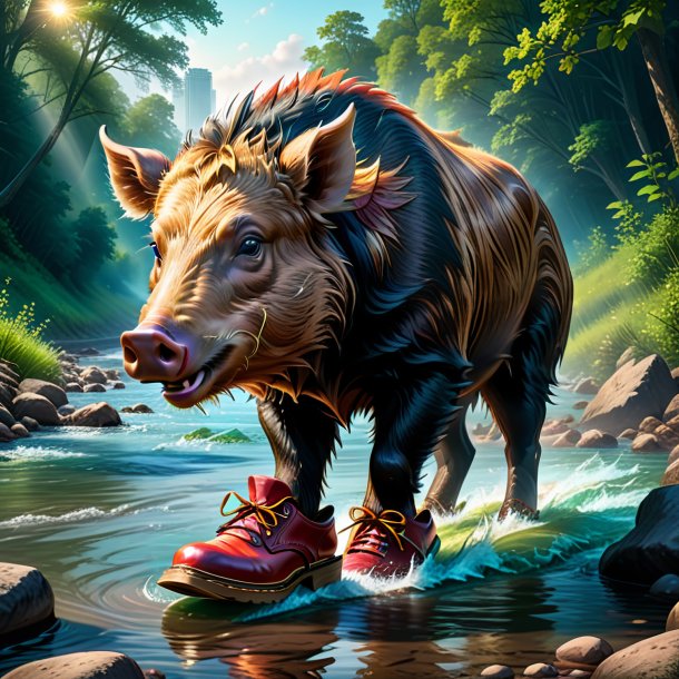 Illustration of a boar in a shoes in the river
