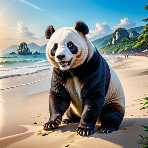 Picture of a playing of a giant panda on the beach