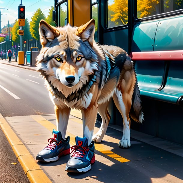 Photo of a wolf in a shoes on the bus stop