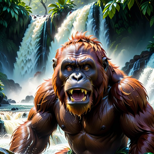 Foto de un enojado de un orangután en la cascada