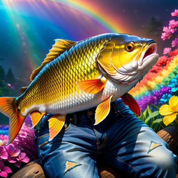 Picture of a carp in a jeans on the rainbow
