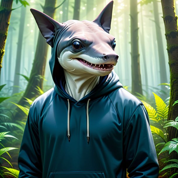 Picture of a hammerhead shark in a hoodie in the forest