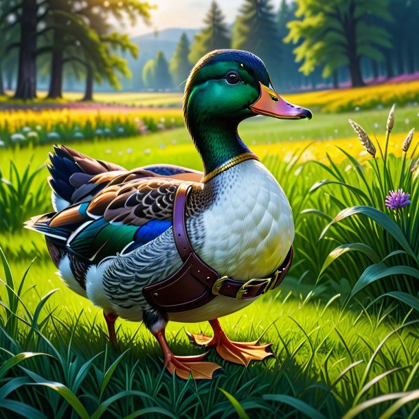 Drawing of a duck in a belt in the meadow