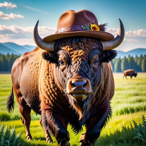 Foto de um bisonte em um chapéu no campo