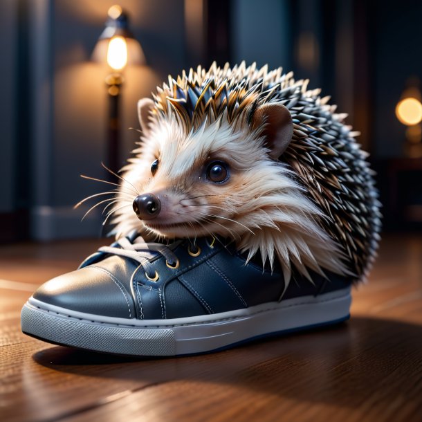 Photo of a hedgehog in a gray shoes