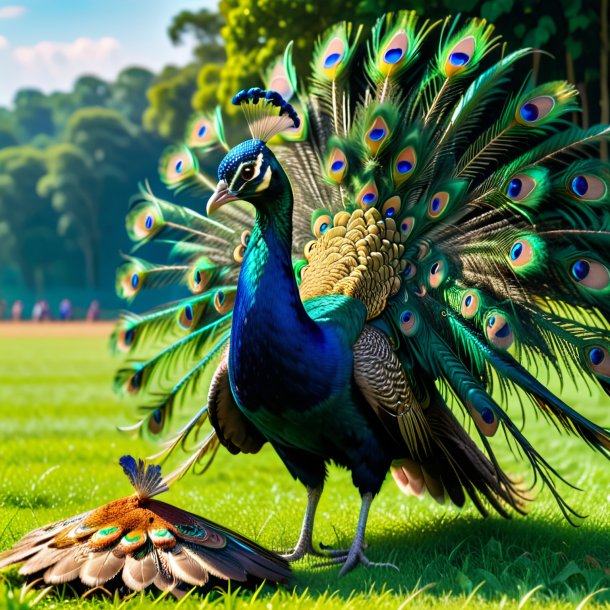 Picture of a eating of a peacock on the field