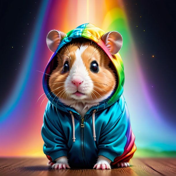 Drawing of a hamster in a hoodie on the rainbow