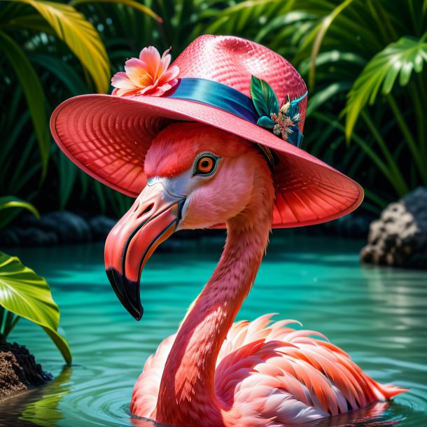 Photo of a flamingo in a hat in the water
