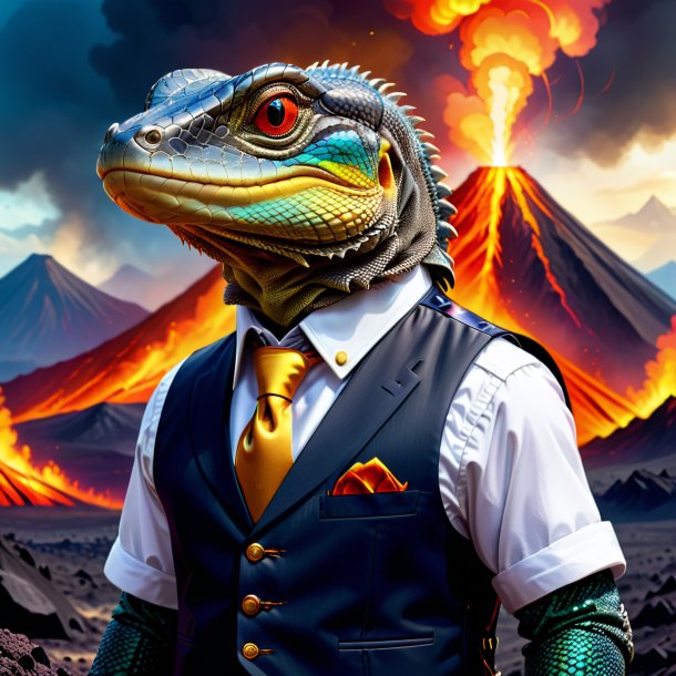 Illustration of a monitor lizard in a vest in the volcano