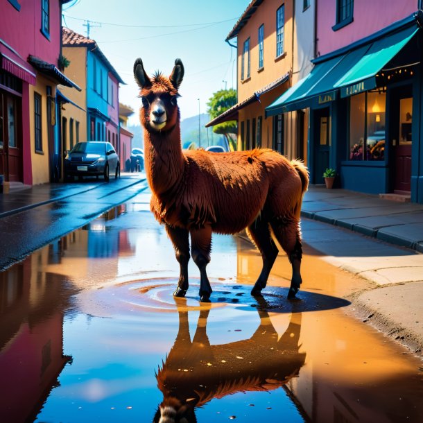 Image of a waiting of a llama in the puddle