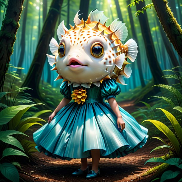 Drawing of a pufferfish in a dress in the forest