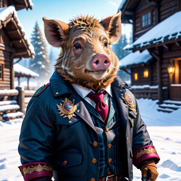 Pic of a boar in a jacket in the snow
