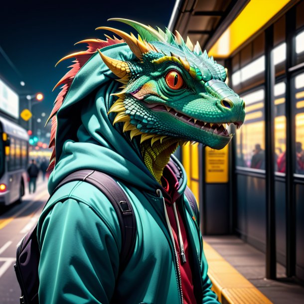 Photo of a basilisk in a hoodie on the bus stop