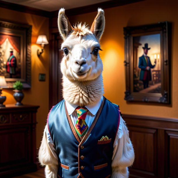 Photo of a llama in a vest in the house