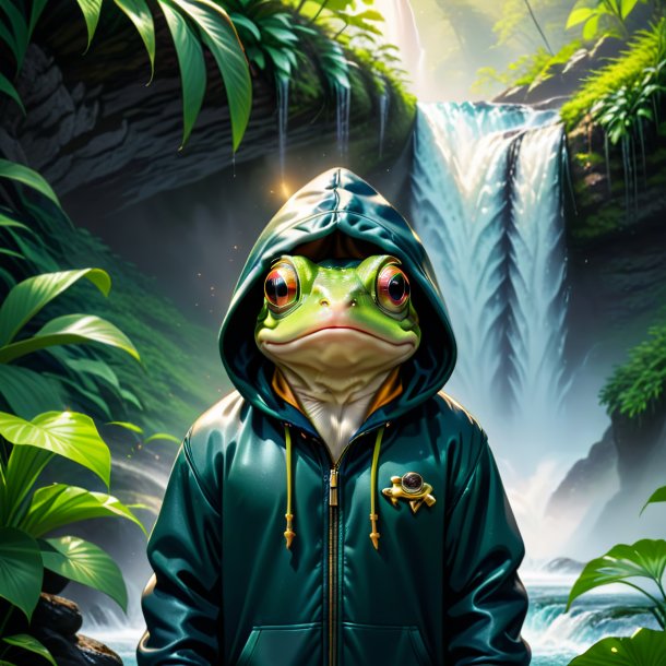 Illustration of a frog in a hoodie in the waterfall