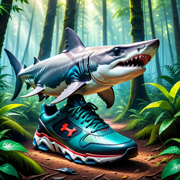 Imagen de un tiburón martillo en un zapato en el bosque