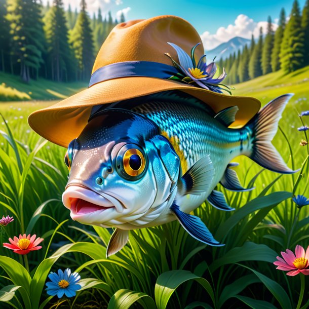 Photo of a fish in a hat in the meadow