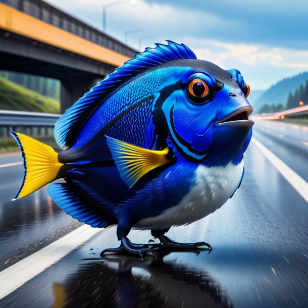 Picture of a blue tang in a coat on the highway