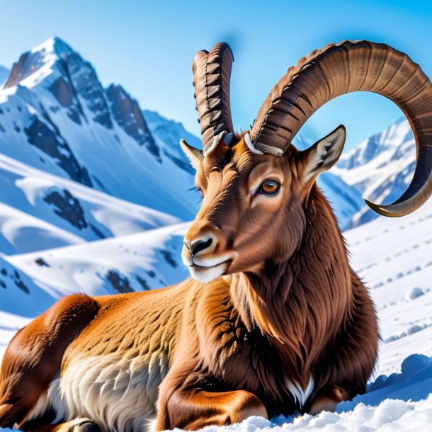 Picture of a resting of a ibex in the snow