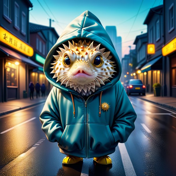 Illustration of a pufferfish in a hoodie on the road