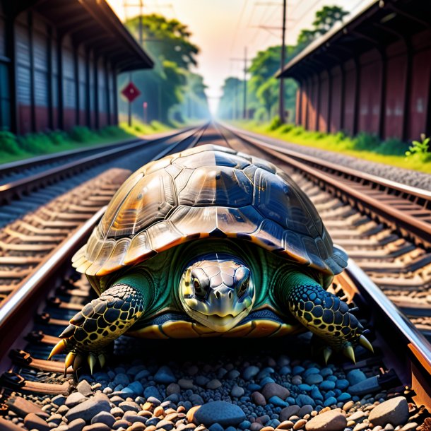 Image of a playing of a turtle on the railway tracks